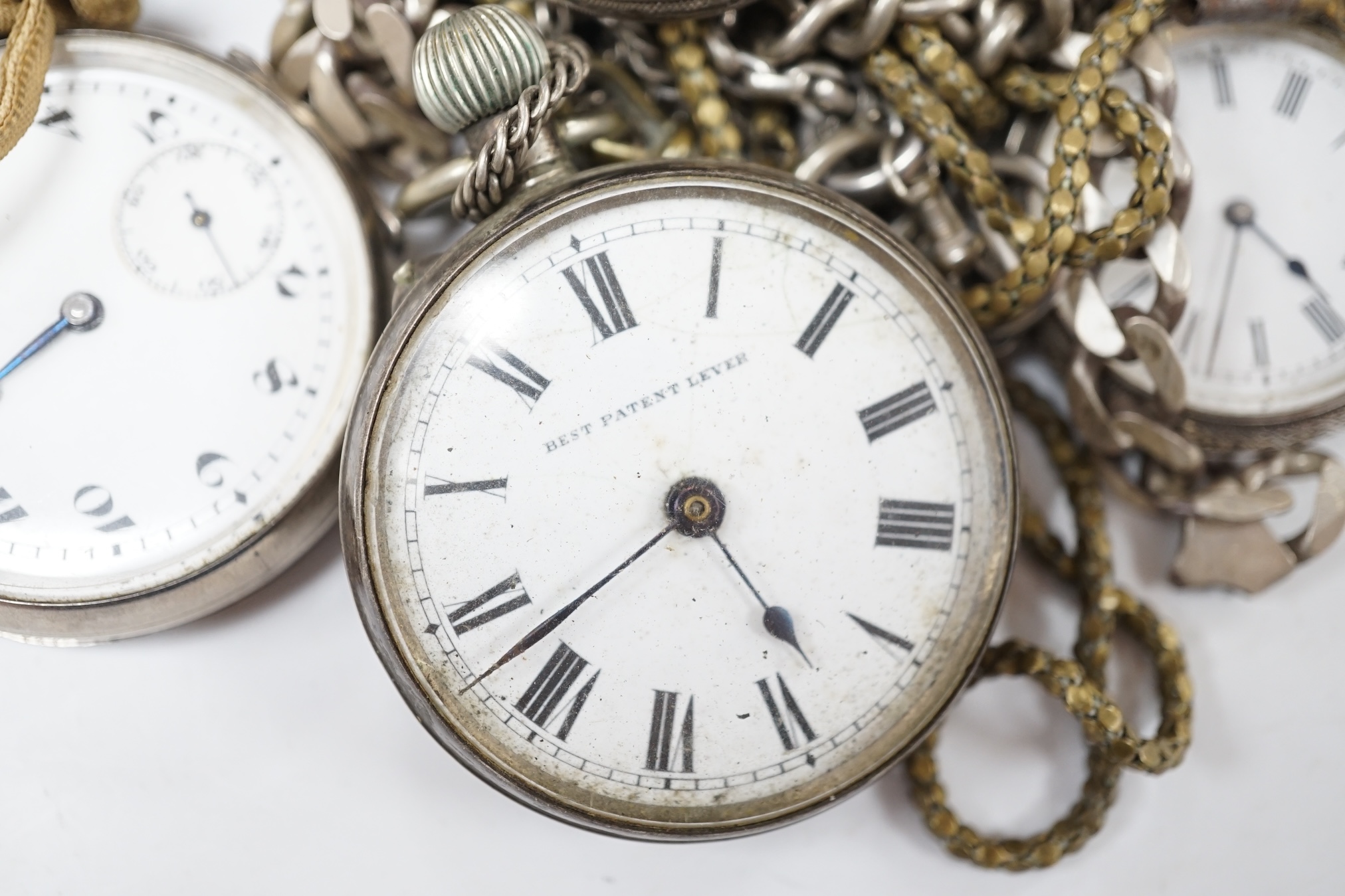 Three assorted silver pocket watches, including a hunter by Cometti, Lewes, two white metal pocket watches and two Swiss white metal fob watches, together with assorted chains including 925. Condition - poor to fair